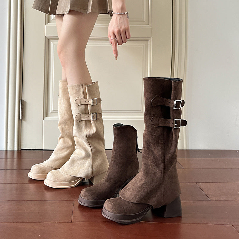 Removable Pile Style Boots Thick High Heel Platform High Leg Boot